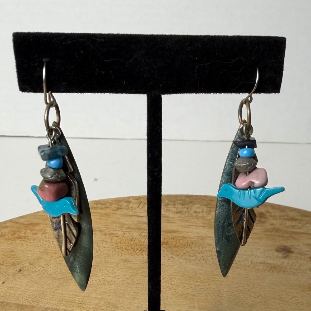 VTG Signed Berebi Teal Enamel Feather Dangle Earrings Bird Fetish Bead Southwest